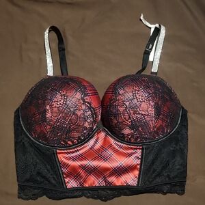 Victoria's Secret Red and Black Plaid Rhinestone Corset Style Lace Bra 36D